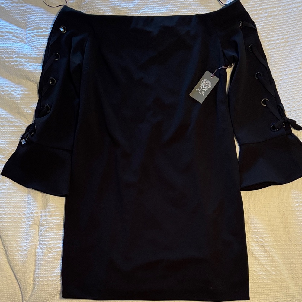 Vince Camuto Rich Black Utility Twist Dress off the shoulder